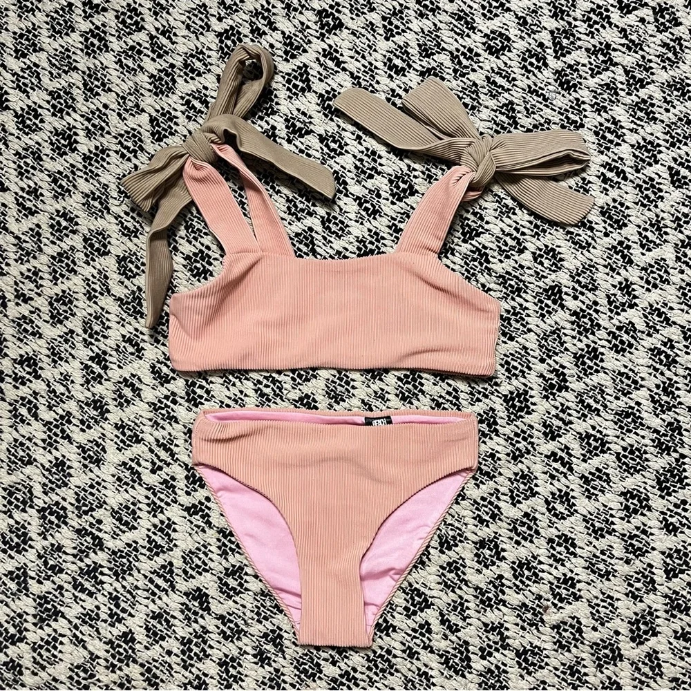 New Cella Jane X Beach Riot Neutral Ribbed Pink Tie-up Bikini Set Size 5/6